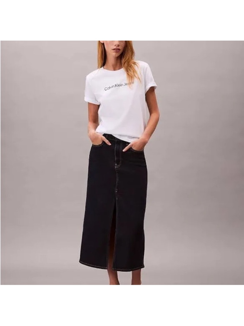 Calvin Klein DarkDenim Midi Skirt with Front Button Slit